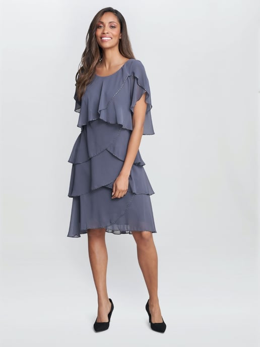 Trysta Bugle Beaded Trim Tiered Cocktail Dress With Flitter Sleeves