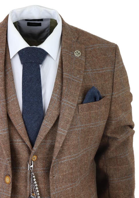 Herren 3-teiliger Wollanzug Eichenbraun Tweed Fischgrätenmuster Peaky Blinders Gatsby - Image 4