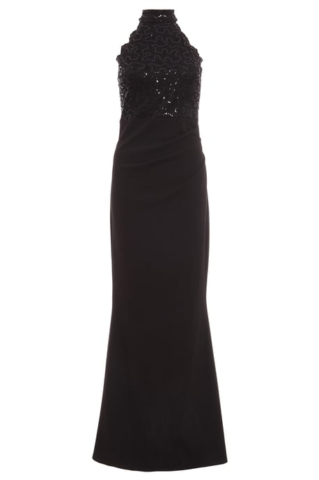 Black Sequin Lace Scallop Edge Fishtail Maxi Dress