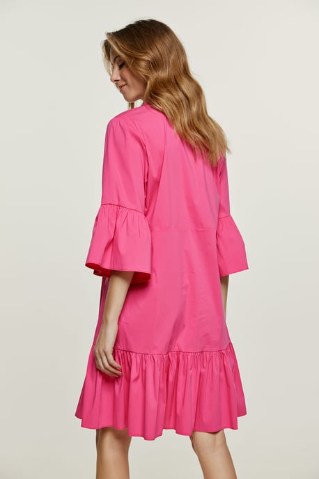 Fuchsiafarbenes Kleid mit Glockenärmeln und Rüschensaum - Image 3