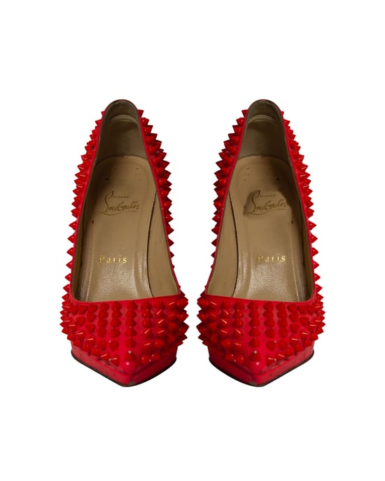 Christian Louboutin Pigalle Plato 120 Spiked Heels in neonglänzendem rotem Lackleder - Image 2