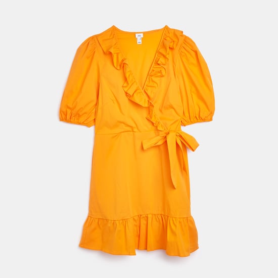 River Island Womens Wrap Mini Dress Orange Frill Short Sleeve