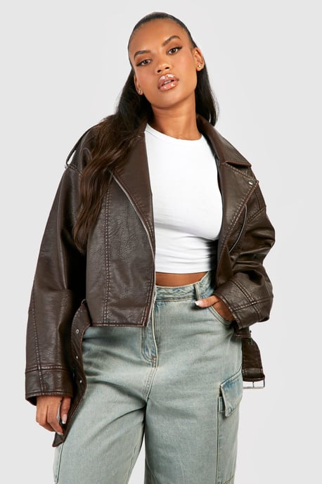 Plus Vintage Faux Leather Crop Biker Jacket - Image 1