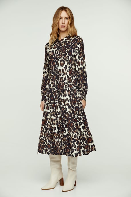 Animal Print Tiered Dress with Button Detail