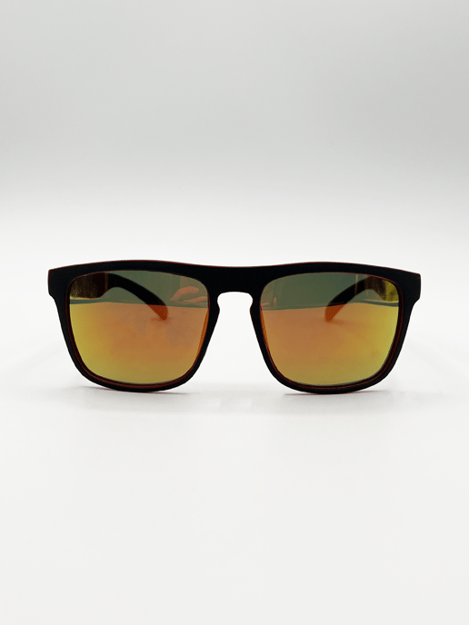 Matte Black Wayfarer Sunglasses with Orange Mirrored Lens - Image 1