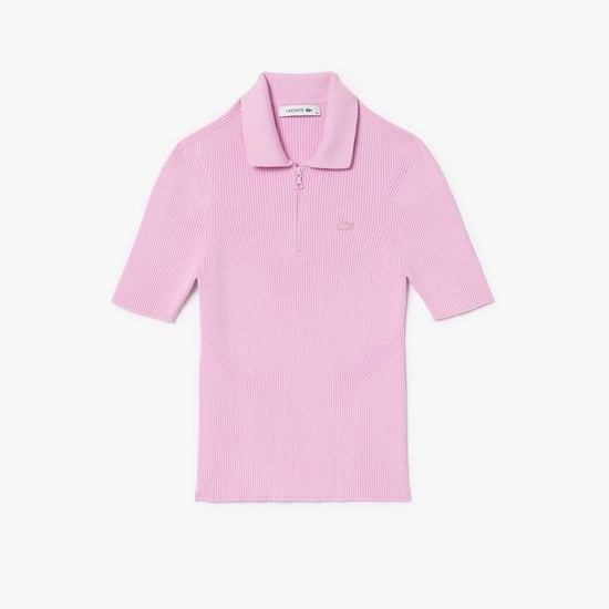 Women's Lacoste Zip Neck Rib Knit Polo Shirt in Pink