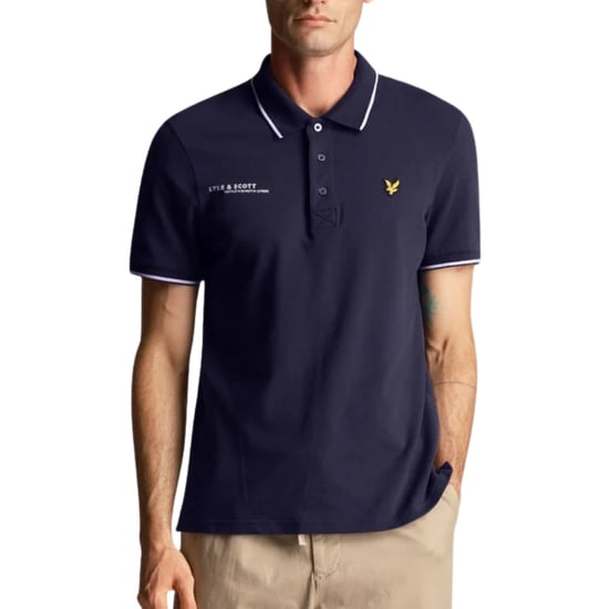 Lyle & Scott Marineblaues kurzarmliges Poloshirt mit Koordinatenmuster und Logo - Image 3