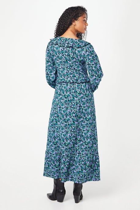 Tall Blue Ditsy Ruffle Front Midi Dress - Image 3