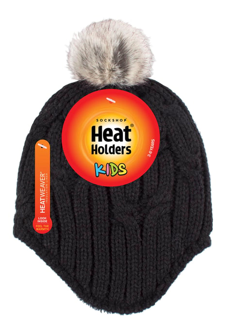 Wärmehalter - Mädchen Kabel gestrickt Beanie-Mütze mit Pom Pom Bommel für Winter | Warme thermisch isolierte Mütze - Schwarz - Image 2