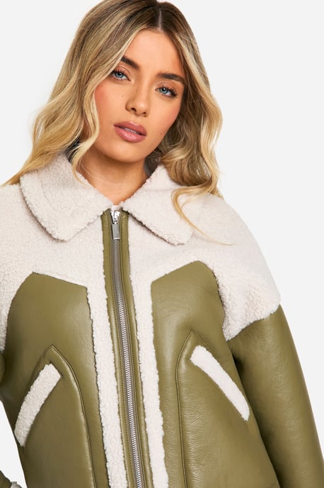 Faux Leather Teddy Trim Aviator Jacket - Image 4
