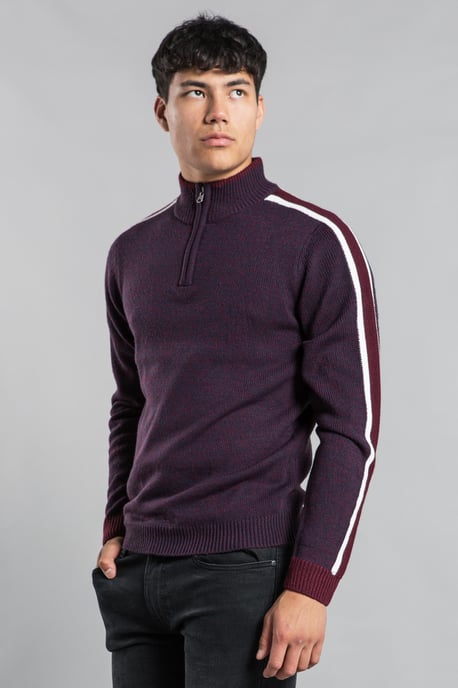 Burgundy Funnel Neck 1/4 Zip Jumper With Contrast Sleeve