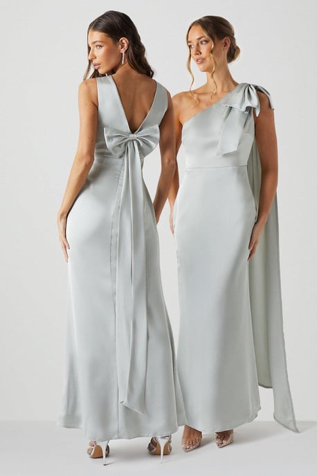 Bow Back V Neck Satin Bridesmaids Dress - Image 1