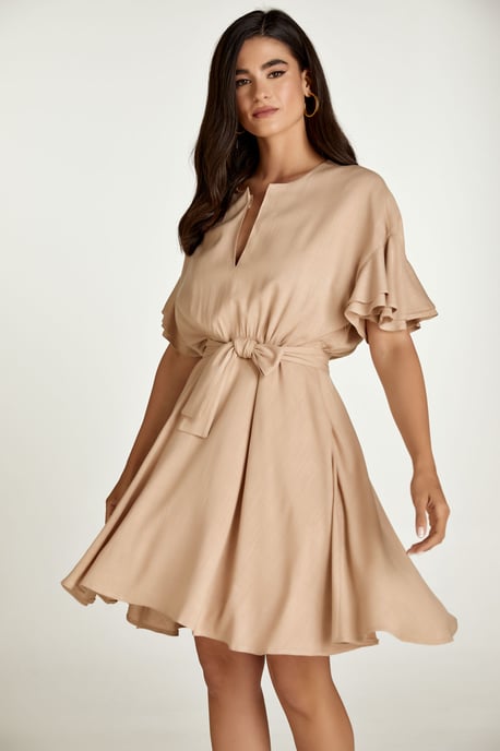 Beige Dress with Ruffle Sleeves