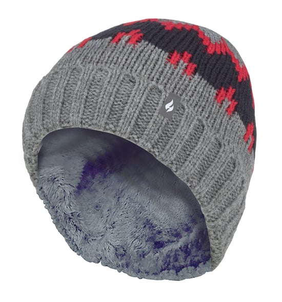 Wärmehalter - Jungen dicke gerippte gewebte gestrickte weiche Pom Pom Bobble Beanie Mütze - Pebble Melange/Rot/Navy - Image 1
