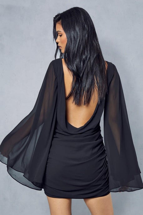 Premium Chiffon Draped Cowl Back Flare Sleeve Mini Dress