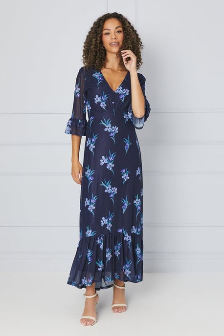 Tall Floral Mesh Ruffle Sleeve Midaxi Dress - Image 1