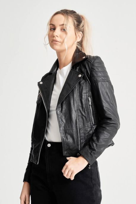 Barneys Originals Tall Grain Detailed Clara Leather Biker Jacket
