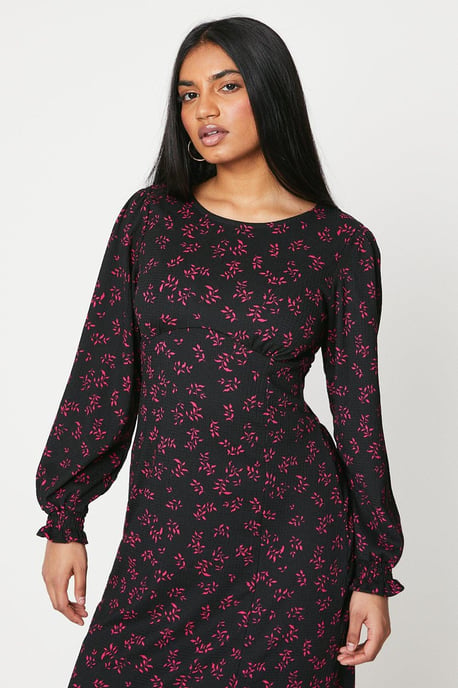 Petite Black Ditsy Shirred Cuff Midi Dress