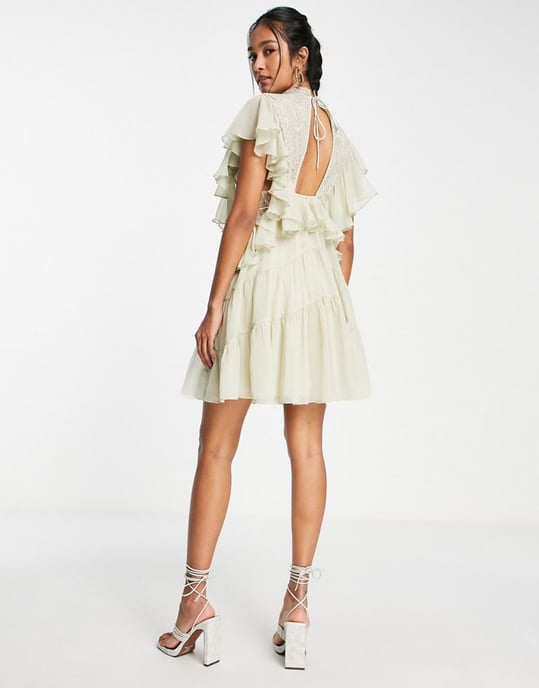 ASOS DESIGN tiered soft mini dress with lace applique bodice and ruffle detail in stone-Neutral