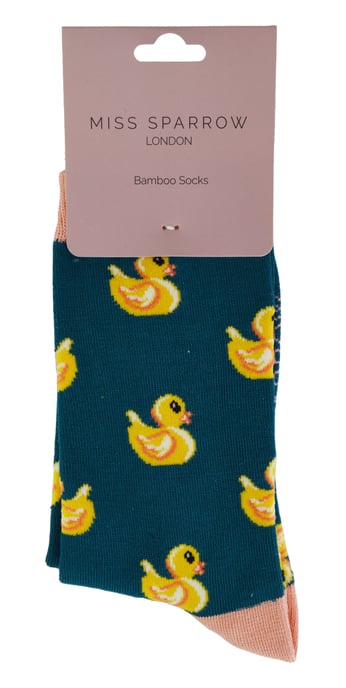 Women's Novelty Rubber Ducks Socken | Miss Sparrow | Weiche atmungsaktive Ente Muster Bambus Socken - Teal - Image 2
