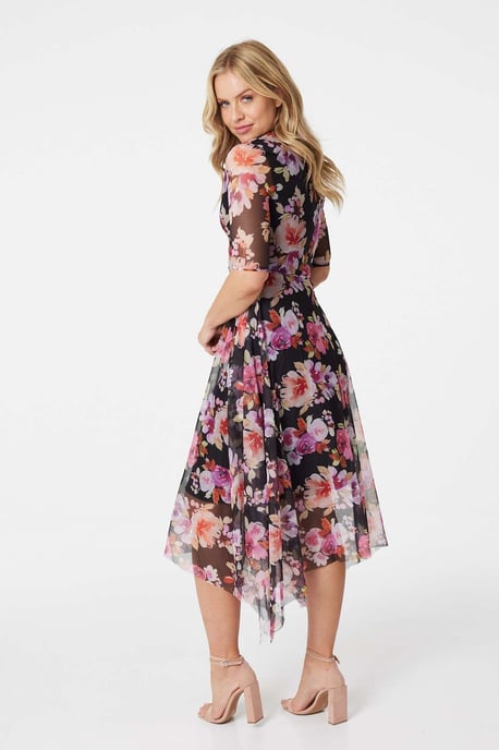 Floral Wrap Front Mesh Midi Dress