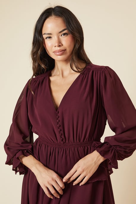 Dark Berry Lace Skirt Long Sleeve Midi Dress