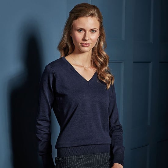 Premier Damen Strickpullover mit V-Ausschnitt (Marineblau) - Image 3