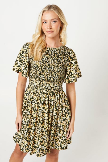 Ditsy Shirred Bodice Flutter Sleeve Mini Dress