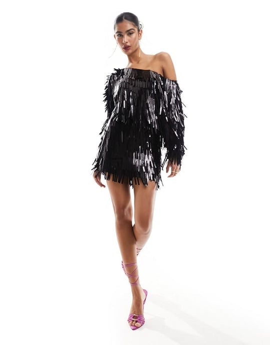 ASOS DESIGN slouchy off shoulder rectangle sequin mini dress in black - Image 3