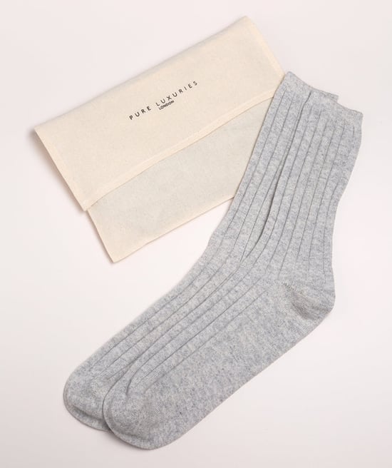 'Keswick' Foggy Medium Cashmere and Merino Wool Ribbed Socks