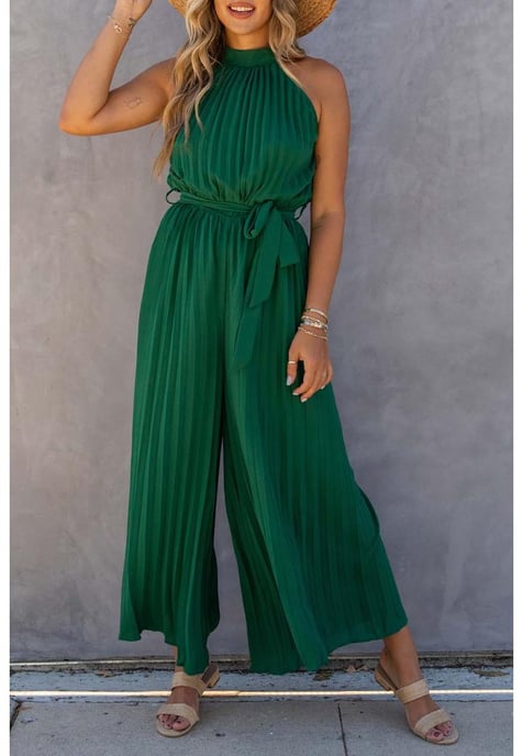 Damen-Jumpsuit mit weitem Bein und Plissierung und Gürtel in Grün - Image 4