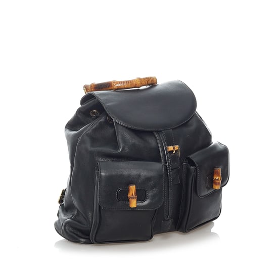 Vintage Gucci Bamboo Drawstring Leather Backpack Black