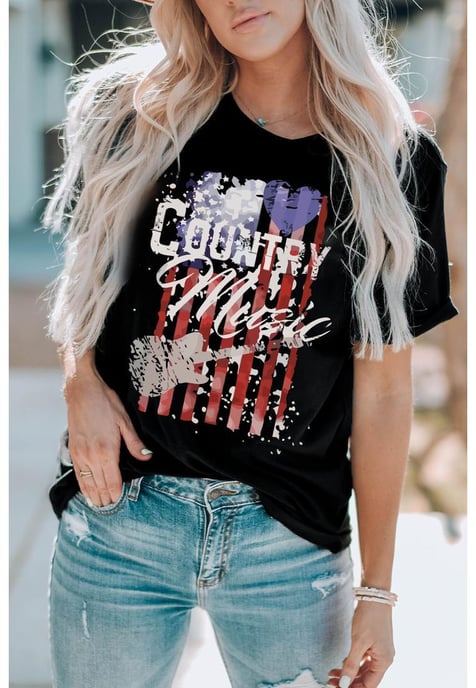 Damen-T-Shirt mit amerikanischem Flaggen-Print, kurzärmlig, in Schwarz - Image 6
