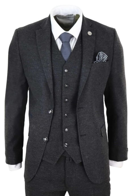 Herren 3-teiliges Schwarzes Wolltweed Vintage Retro Anzug - Image 1