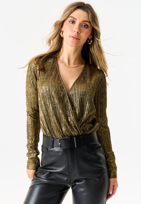 Gold Metallic Plisse Wrap Front Bodysuit