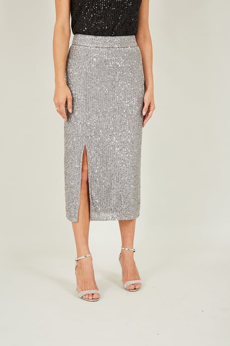 Silver Sequin Fitted Skirt With Front Slit
