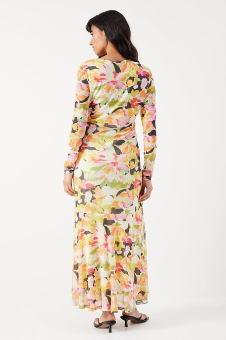 Bloom Floral Mesh Asymmetric Seam Wrap Midi Dress