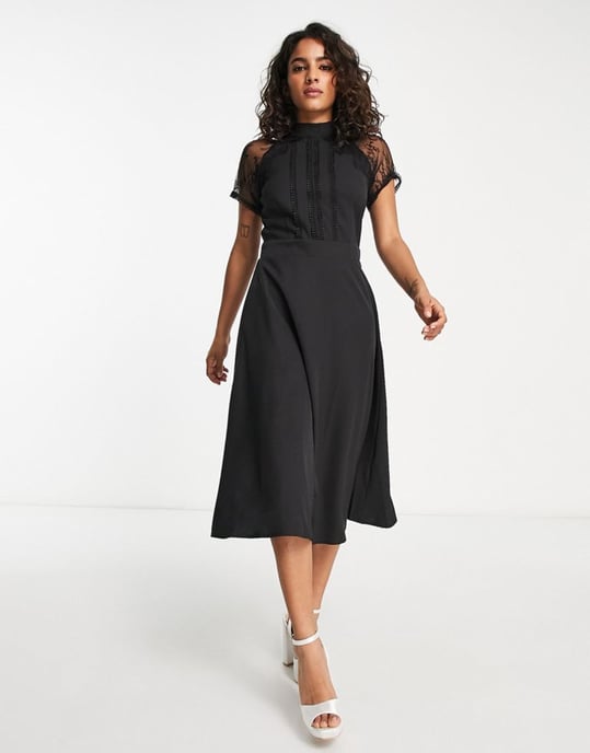 Liquorish Petite a line lace detail midi dress in black print