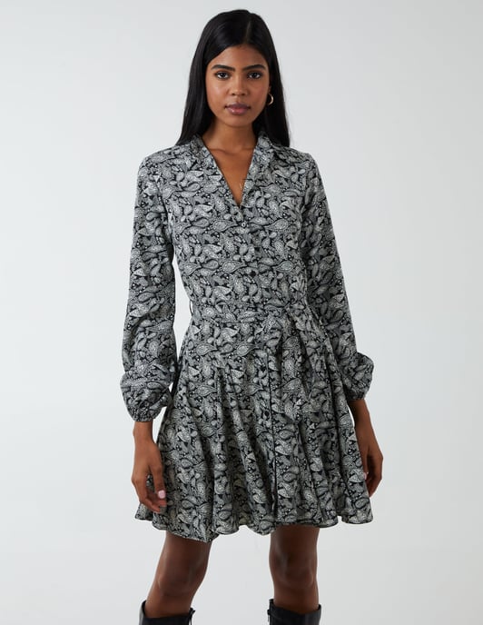 Shirt Mini Dress With Godet Hem & Tie