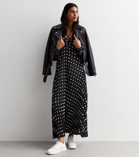 Polka Dot Pleated Cut Out Maxi Dress
