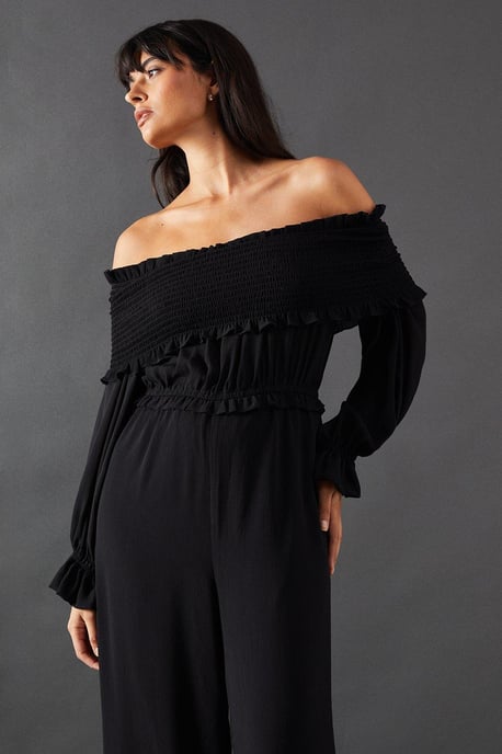 Shirred Bardot Waisted Wide Leg Jumpsuit