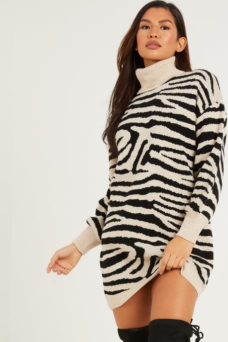 Stone Animal Print Knitted Jumper Dress