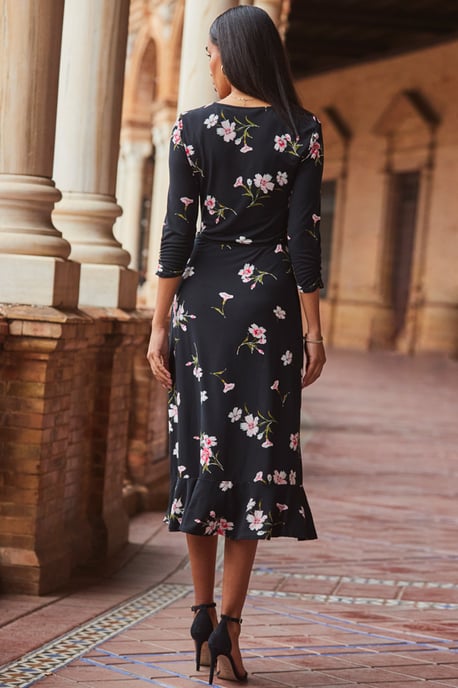 Black & White Floral Print Jersey Midi Dress