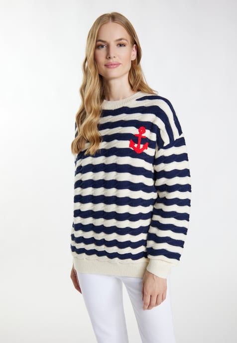 Dreimaster Strickpullover Damen Wollweiss Marine - Image 3
