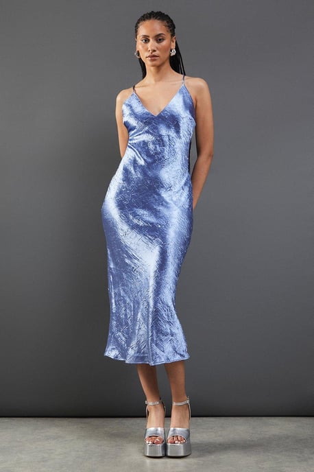 Premium Crinkle Satin V Neck Strappy Back Midaxi Slip Dress