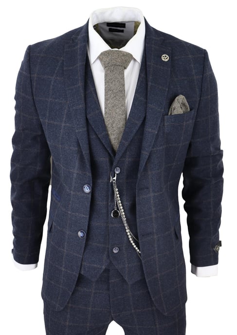 Herren 3-teiliges Wollanzug Navy Blau Tweed Karomuster Peaky Blinders 1920 Gatsby Formal - Image 1