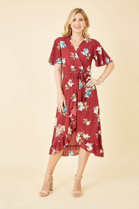 Red Floral Dip Hem Wrap Midi Dress
