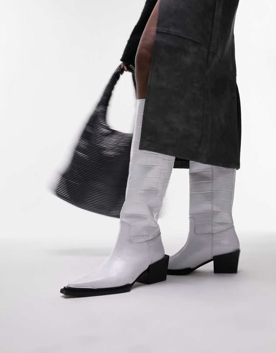 Topshop Rio leather western style knee high boot in white croc