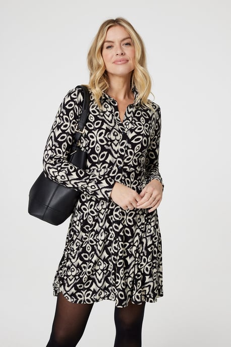 Black Printed Long Sleeve Short Shirt Dress