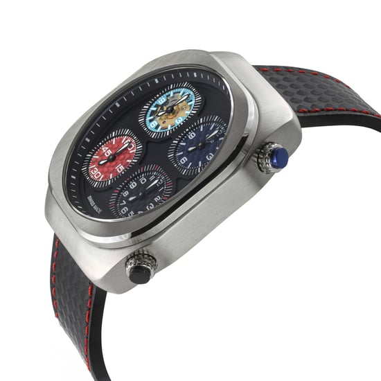 GV2 Men's Quattro Zone, SS Case, Black dial, 4 time zone, sub dial, Black w/Blue & Red Stitching Handmade Italian Leather Strap